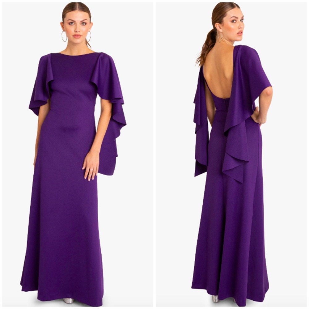 NWT Black Halo Eve Lotus Gown in Purple Rose Ruffle Cape Sleeve Dress Size 4‎